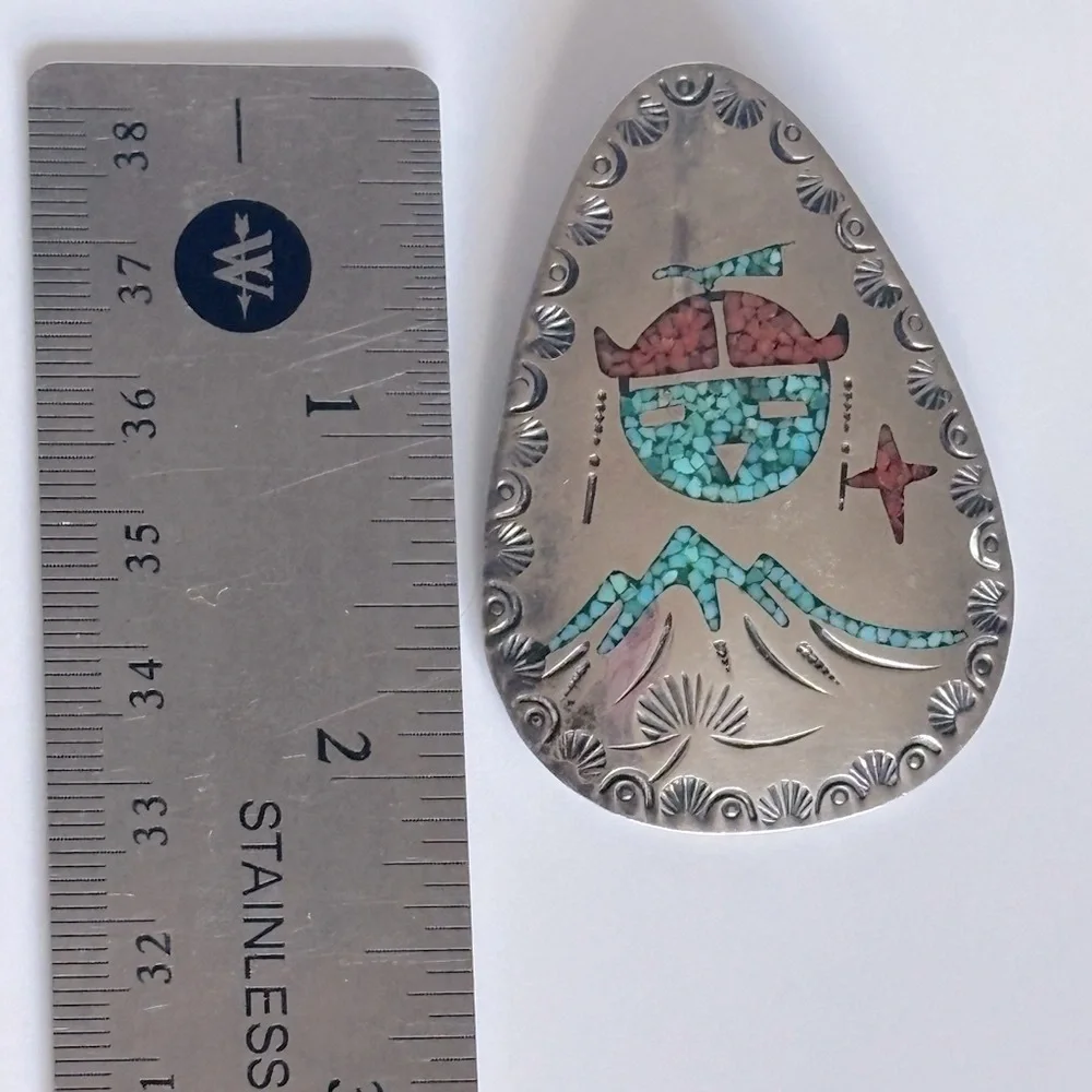 Tommy Singer Sterling Silver Turquoise & Coral‎ Chip Inlay Brooch/ Pendant